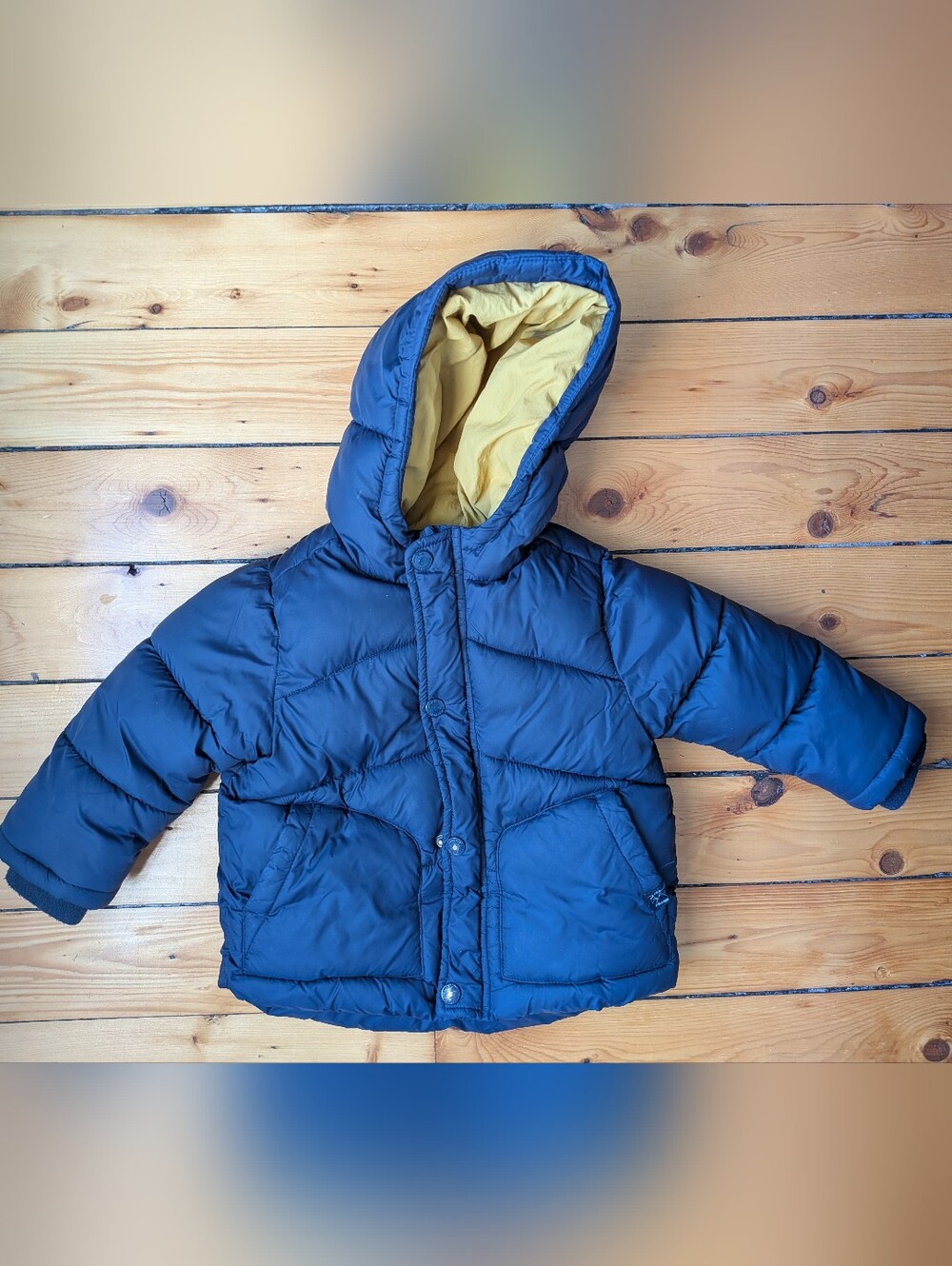 Zara Navy Puffer Jacket with Yellow Hood Lining